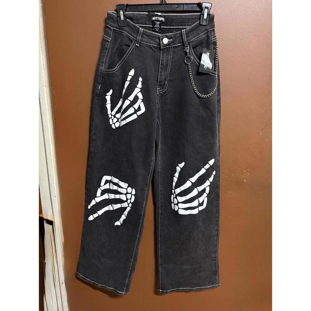 Hot Topic Women’s Wide Leg Skeleton Hand Print Jeans with Chain